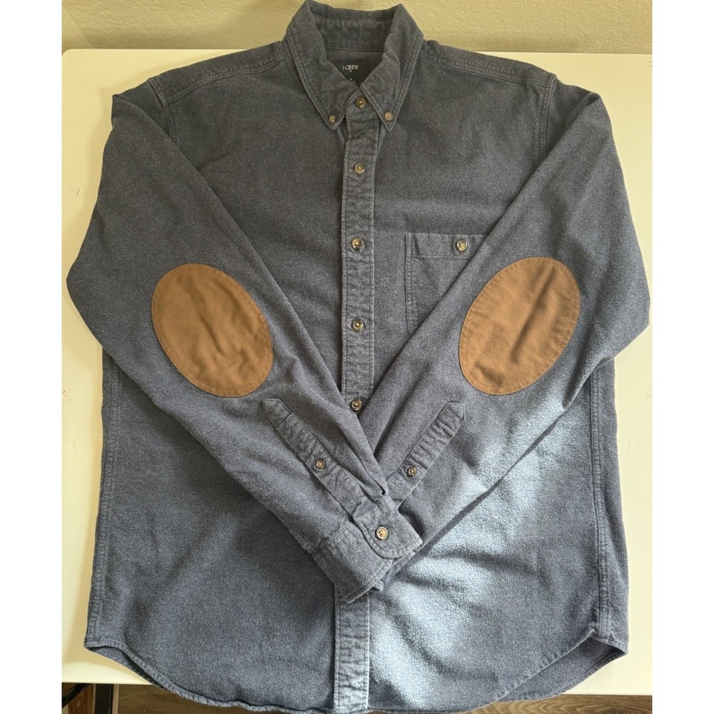 J.Crew Flannel Shirt Mens Medium Blue Elbow Patch Button Front Cotton